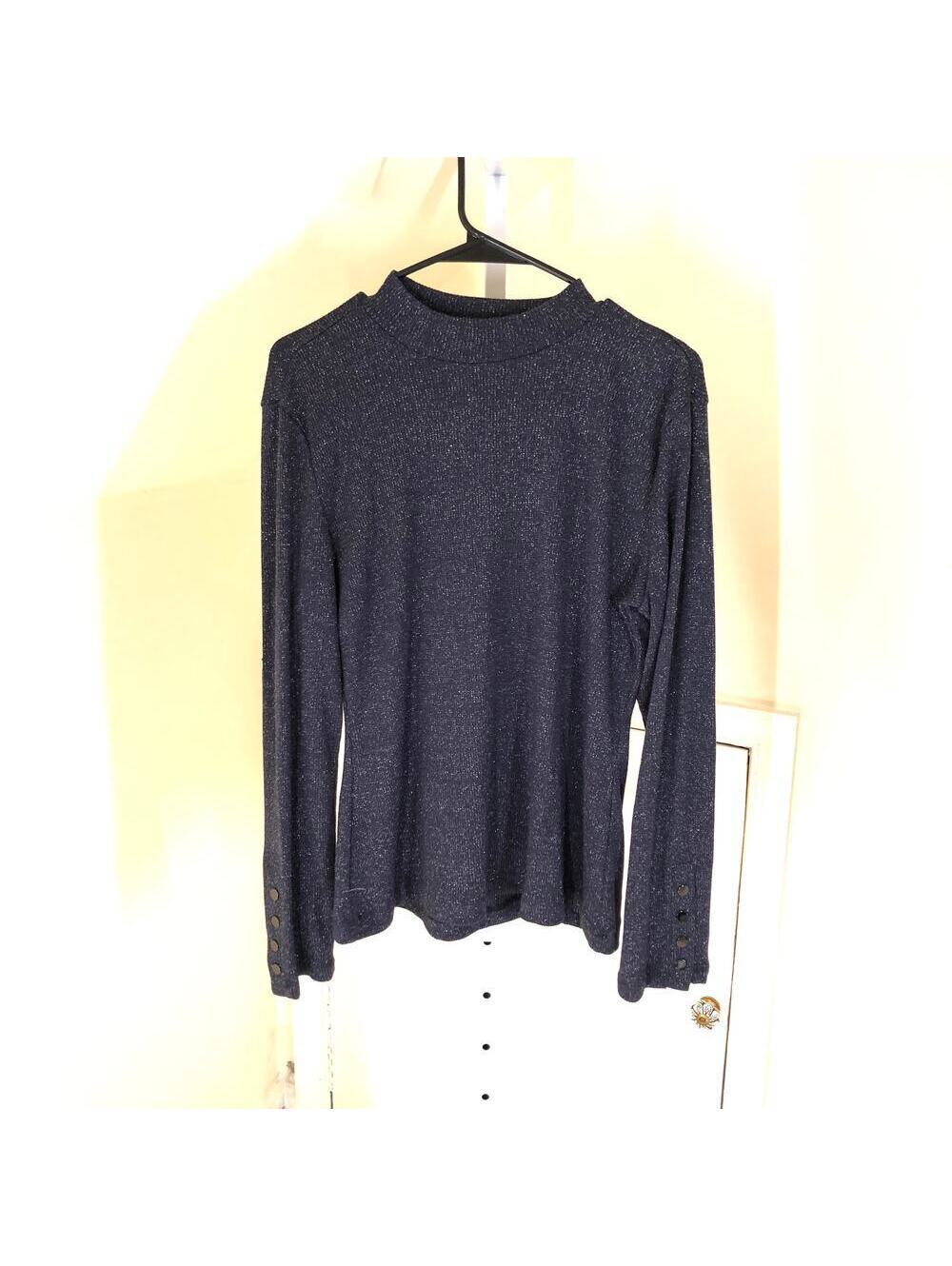Violets & Roses NWT Women's Blue Metallic Threaded Mock Neck Top Night Sky L